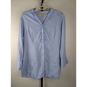 J. Jill Linen Tunic Length Ruffle Button Front Long Sleeve Shirt Blue